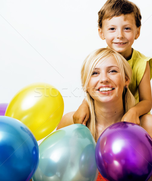 pretty real family with color balloons on white background, blon Stock photo © iordani