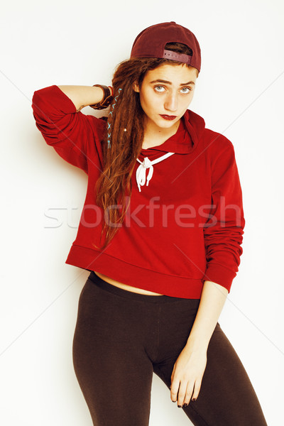 real caucasian woman with dreadlocks hairstyle funny cheerful faces on white Stock photo © iordani