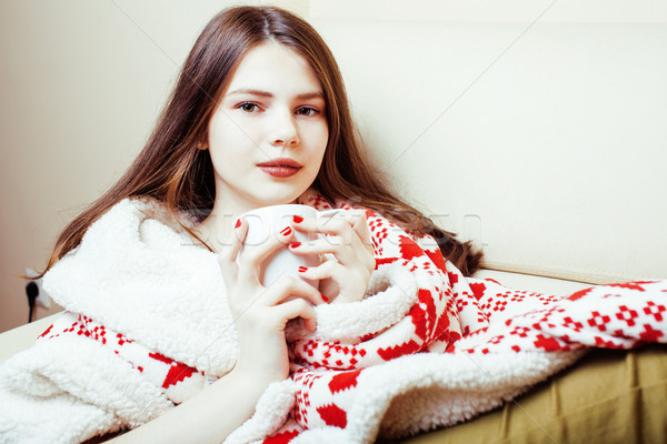 young pretty brunette girl in Christmas ornament blanket getting warm on cold winter, freshness beau Stock photo © iordani