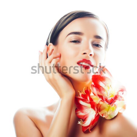 Foto stock: Jovem · bastante · asiático · mulher · flor · roxo