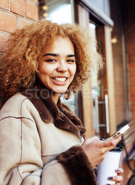 Foto stock: Jovem · bastante · africano · americano · mulheres · potável · café