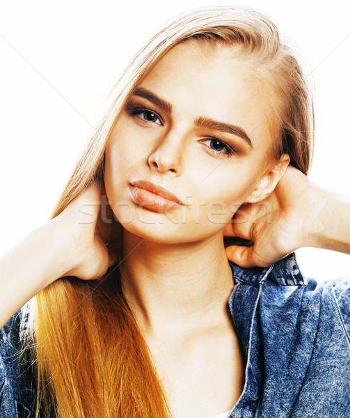 Stock photo: young blond woman on white backgroung gesture thumbs up, isolate