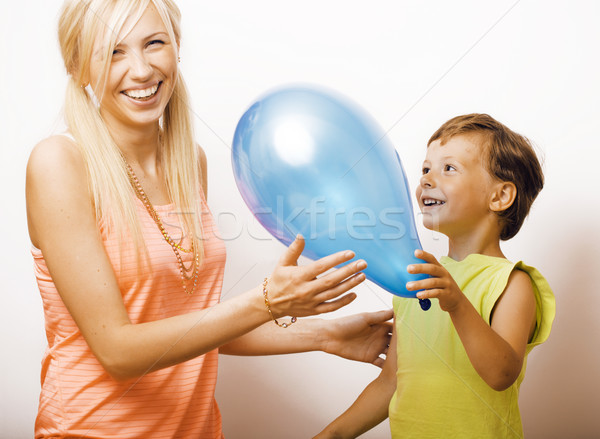 pretty real family with color balloons on white background, blon Stock photo © iordani