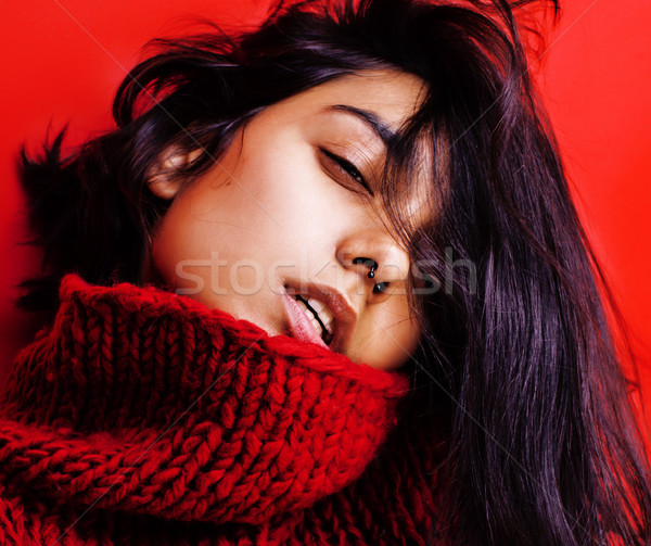 young pretty indian mulatto girl in red sweater posing emotional, fashion hipster teenage, lifestyle Stock photo © iordani