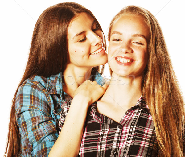 Foto stock: Dos · cute · adolescentes · junto · aislado