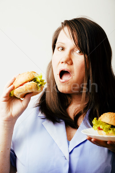 Foto d'archivio: Grasso · bianco · donna · scelta · hamburger · insalata