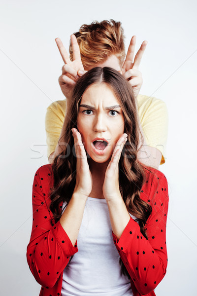 young attractive couple together having fun happy smiling isolated on white background, emotional po Stock photo © iordani