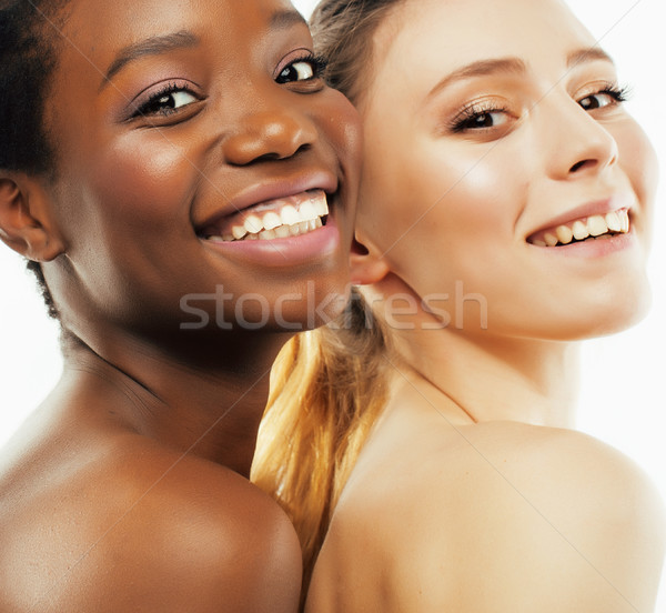 three different nation woman: african-american, caucasian together isolated on white background happ Stock photo © iordani