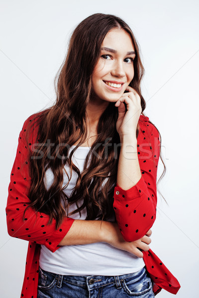 young pretty stylish hipster girl posing emotional isolated on white background happy smiling cool s Stock photo © iordani