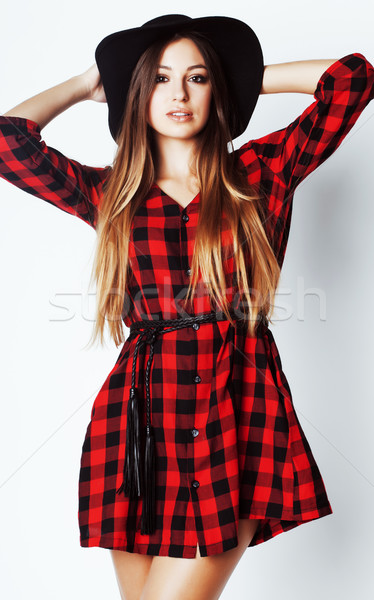 young pretty brunette girl hipster in hat on white background ca Stock photo © iordani