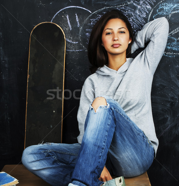 Fiatal aranyos tinilány osztályterem iskolatábla asztal Stock fotó © iordani