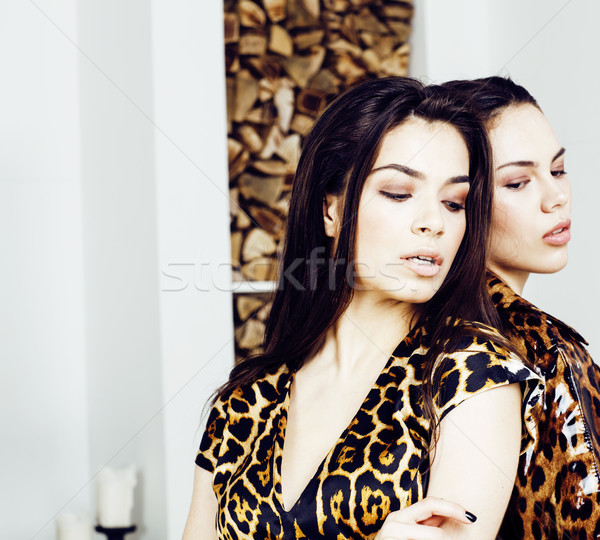 pretty stylish woman in fashion dress with leopard print together in luxury rich room interior, life Stock photo © iordani