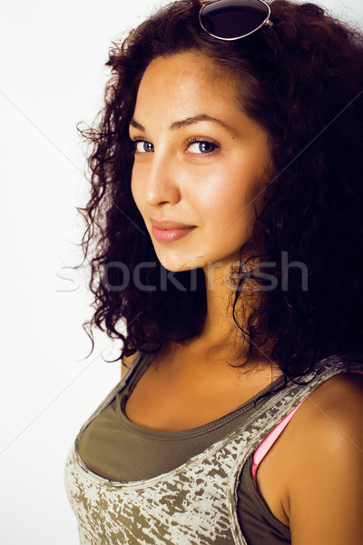 young pretty taned girl close up portrait smiling confident brunette warm, lifestyle people concept Stock photo © iordani