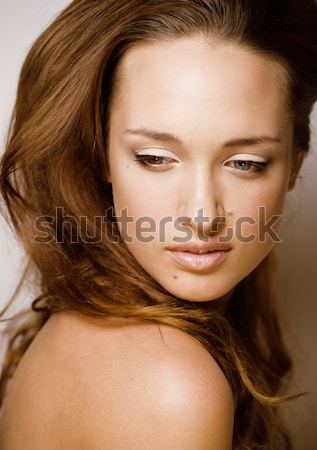 beauty young brunette sad woman close up, nude makeup, lifestyle real people concept on white backgr Stock photo © iordani