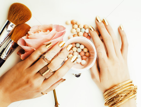 Stockfoto: Vrouw · handen · gouden · manicure · veel · ringen