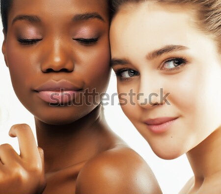tree pretty stylish young woman with same hairstyle and makeup, best friend together having fun, lif Stock photo © iordani