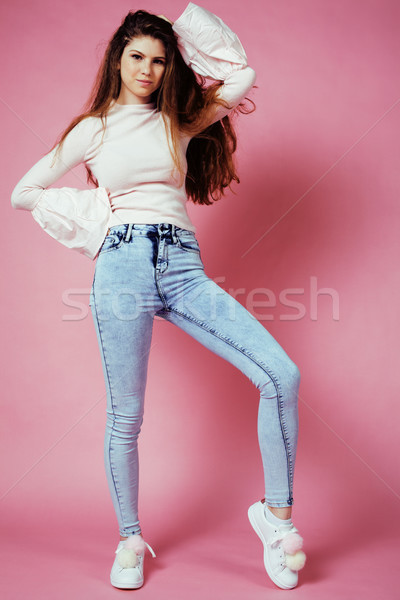 cute pretty redhair teenage girl smiling cheerful on pink background, lifestyle modern people concep Stock photo © iordani