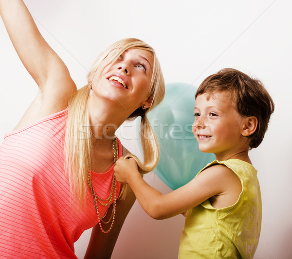 pretty real family with color balloons on white background, blon Stock photo © iordani