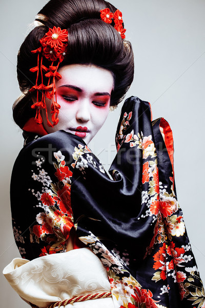 Fiatal csinos gésa kimonó sakura piros Stock fotó © iordani