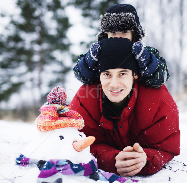 Retrato feliz filho pai fora boneco de neve estilo de vida Foto stock © iordani