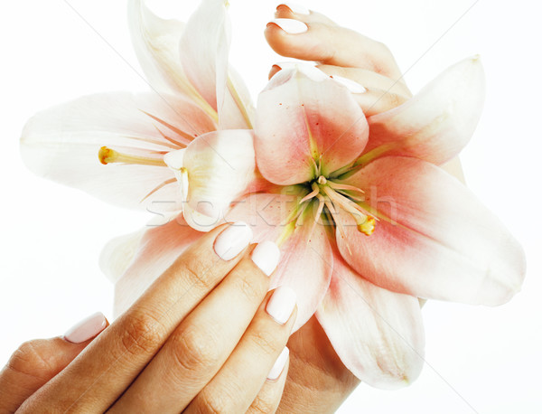 beauty delicate hands with manicure holding flower lily close up isolated on white, spa salon concep Stock photo © iordani