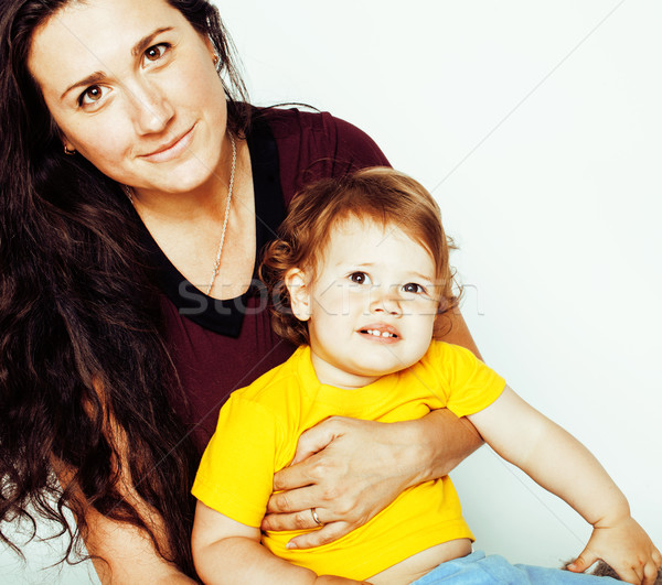 Stock photo: pretty real fashion mother with cute blond little daughter close up isolated on white background, li