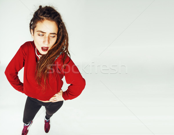 real caucasian woman with dreadlocks hairstyle funny cheerful faces on white Stock photo © iordani