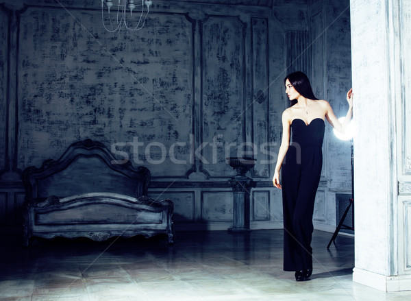 beauty young brunette woman in luxury home interior, fairy bedroom grey stylish Stock photo © iordani