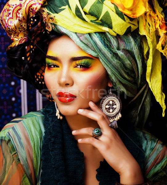 beauty bright woman with creative make up, many shawls on head like cubian, ethno  Stock photo © iordani