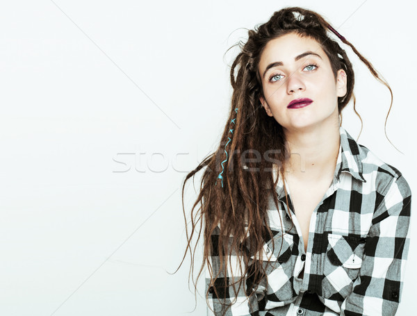 real caucasian woman with dreadlocks hairstyle funny cheerful faces on white Stock photo © iordani