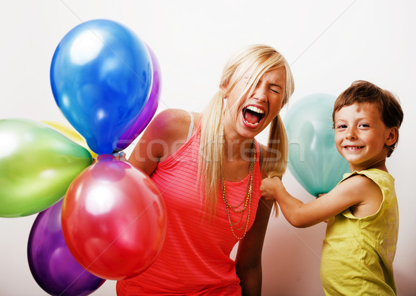 Güzel gerçek aile renk balonlar beyaz Stok fotoğraf © iordani