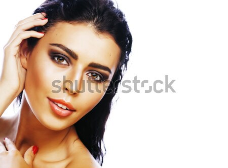 perfect beauty real brunette woman isolated on white background smiling close up spa makeup, positiv Stock photo © iordani