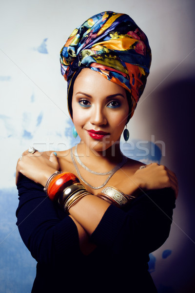 beauty bright african woman with creative make up, shawl on head Stock photo © iordani