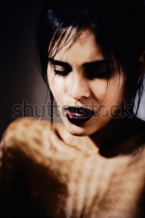 beauty brunette woman under black veil with red manicure close u Stock photo © iordani