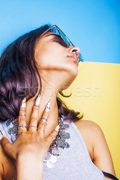 lifestyle people concept. young pretty smiling indian girl with long nails wearing lot of jewelry ri Stock photo © iordani