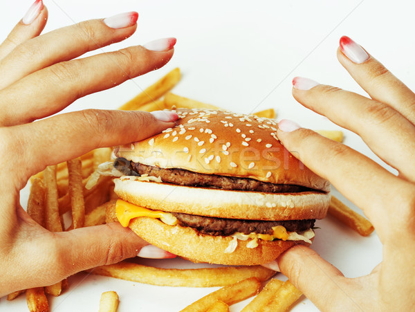 Femme mains manucure hamburger frites françaises [[stock_photo]] © iordani