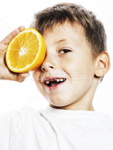 Weinig cute jongen oranje vruchten verdubbelen geïsoleerd Stockfoto © iordani