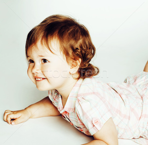 Stock photo: young mother with little cute daughter on white, happy smiling family inside isolated adorable, life