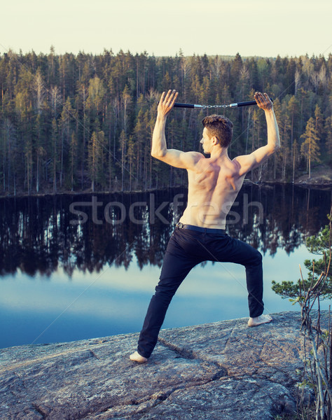 middle age man doing sport yoga on the top of the mountain, lifestyle people outdoor, summer wild na Stock photo © iordani