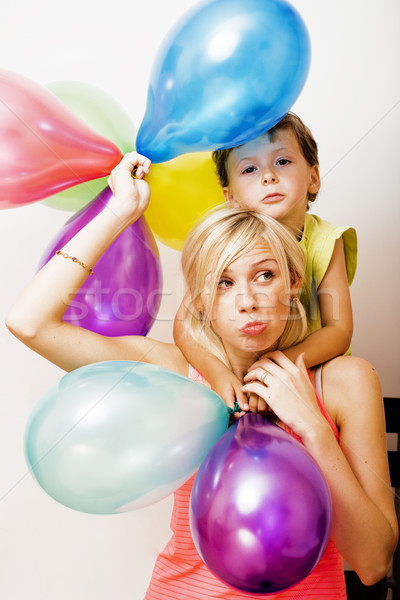 pretty real family with color balloons on white background, blon Stock photo © iordani