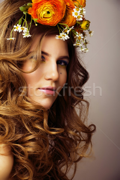 Beauty young woman with flowers and make up close up, real sprin Stock photo © iordani