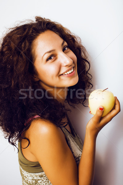 Foto stock: Bastante · jovem · real · menina · alimentação · maçã