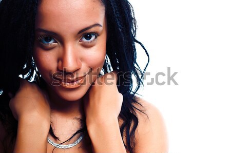young pretty african american woman isolated on white background happy smiling, wearing bright shawl Stock photo © iordani