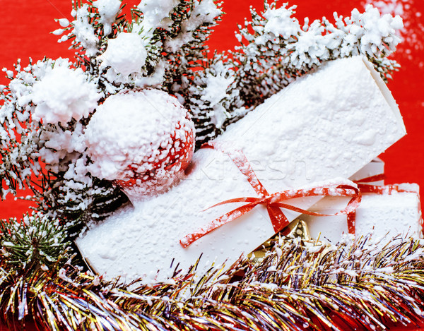 new year celebration, Christmas holiday stuff, tree, toys, decoration with snow, santas red hat Stock photo © iordani