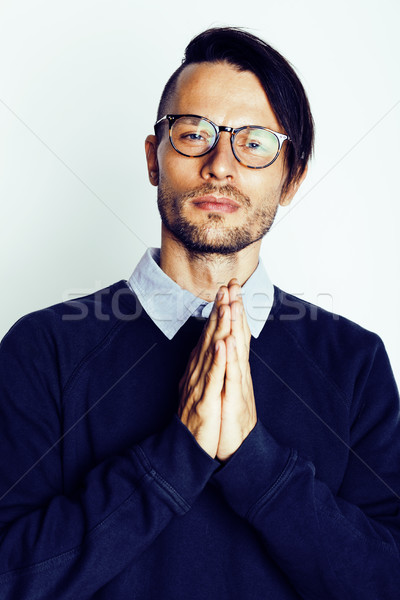 handsome middle age hipster man with modern hairstyle and tattoo, beard, close up on white backgroun Stock photo © iordani