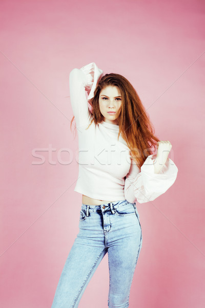 cute pretty redhair teenage girl smiling cheerful on pink background, lifestyle modern people concep Stock photo © iordani