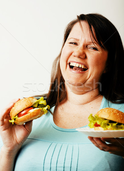 Foto stock: Gordura · branco · mulher · escolha · hambúrguer · salada