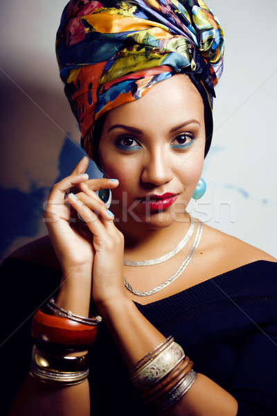 Stock photo: beauty bright african woman with creative make up, shawl on head