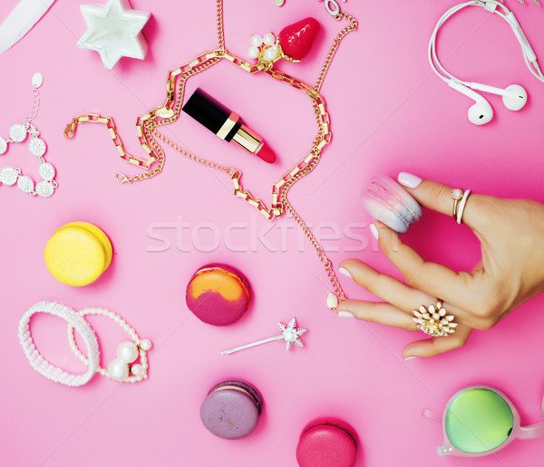 Jewelry table with lot of girl stuff on it, little mess in cosmetic brushes, women interior concept, Stock photo © iordani