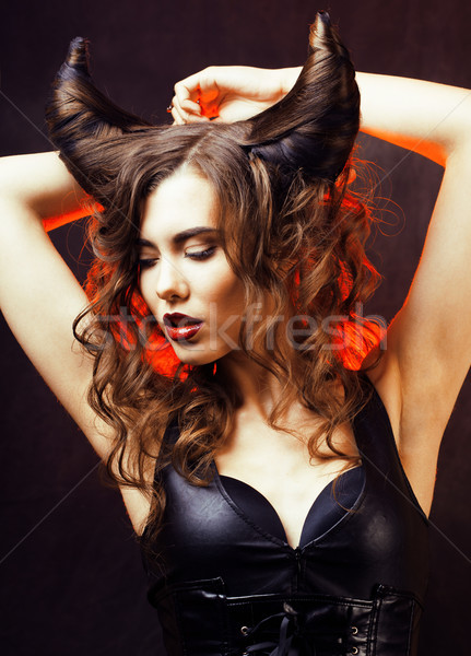 Foto stock: Brilhante · misterioso · mulher · chifre · cabelo · halloween